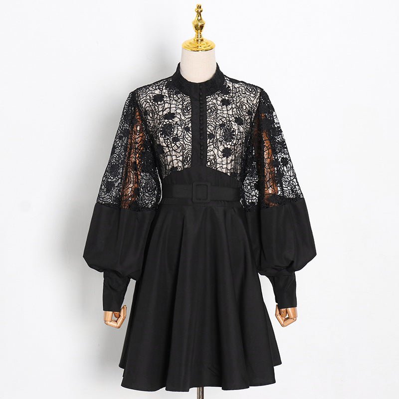 Women's Fashion Temperament Stand Collar Lantern Sleeve Design Sexy Lace Perspective Short Dress - PratSN