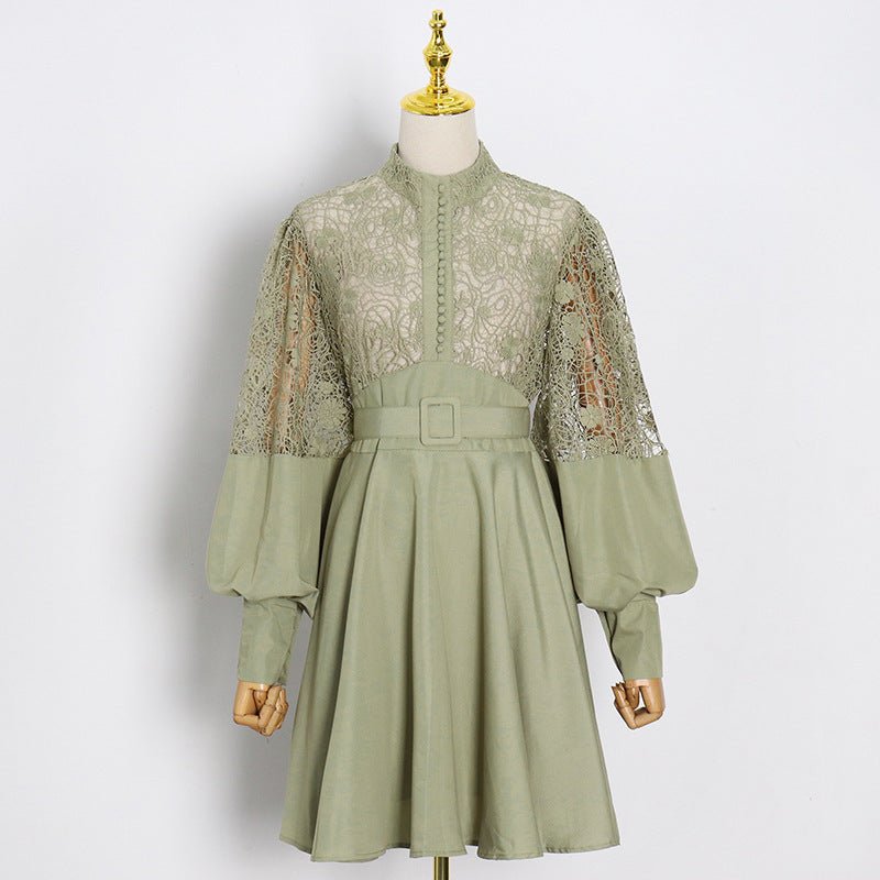 Women's Fashion Temperament Stand Collar Lantern Sleeve Design Sexy Lace Perspective Short Dress - PratSN