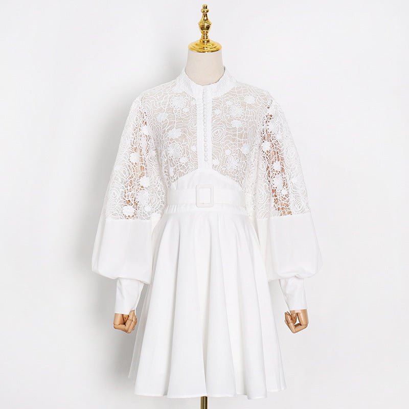 Women's Fashion Temperament Stand Collar Lantern Sleeve Design Sexy Lace Perspective Short Dress - PratSN