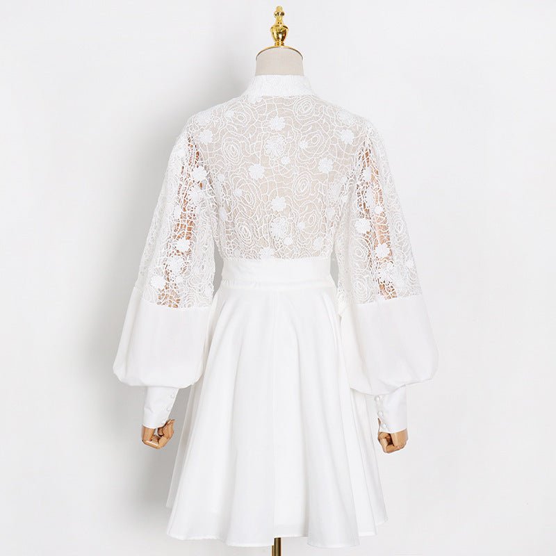 Women's Fashion Temperament Stand Collar Lantern Sleeve Design Sexy Lace Perspective Short Dress - PratSN