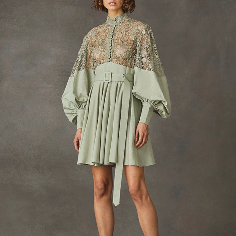 Women's Fashion Temperament Stand Collar Lantern Sleeve Design Sexy Lace Perspective Short Dress - PratSN