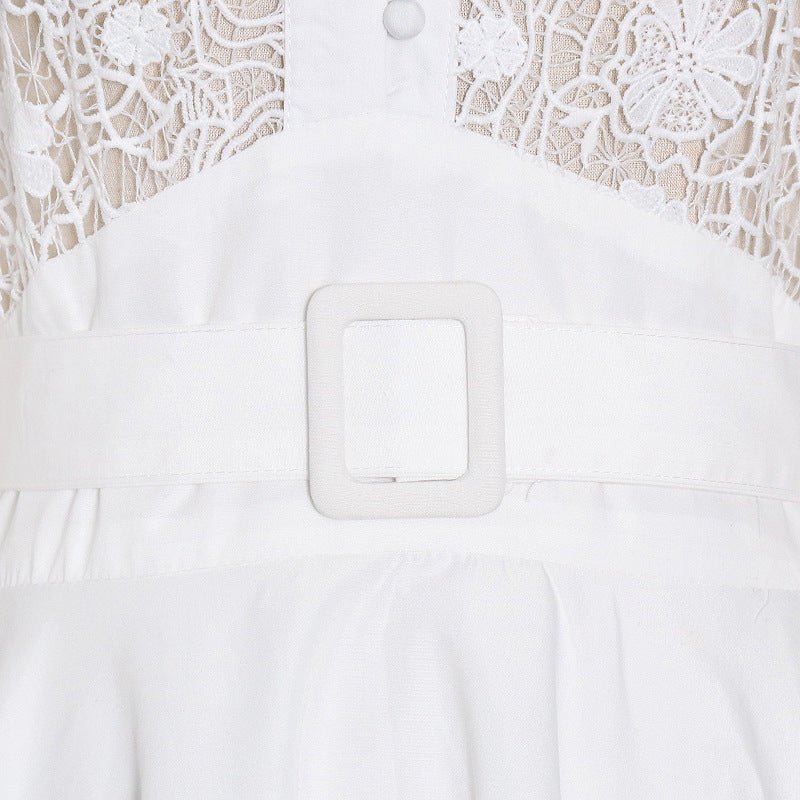 Women's Fashion Temperament Stand Collar Lantern Sleeve Design Sexy Lace Perspective Short Dress - PratSN