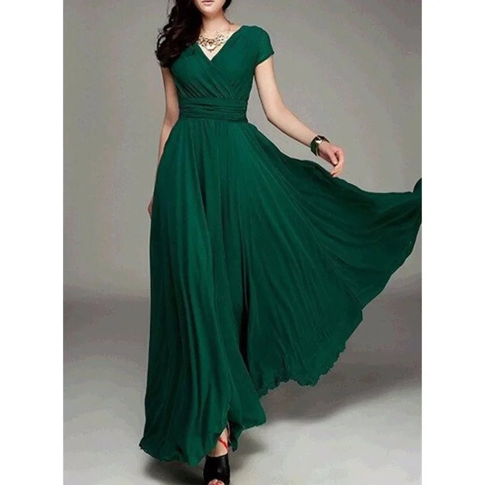 Women's Fashion V Neck Short Sleeve Evening Party Dress Temperament Solid Color Long Cocktail Chiffon High Waist Summer Dresses - PratSN