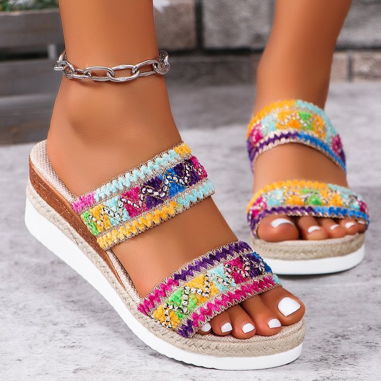 Women's Fashion Wavy Pattern Woven Sandals Summer Casual Ethnic Style Slippers Linen Bottom Wide Strap - PratSN