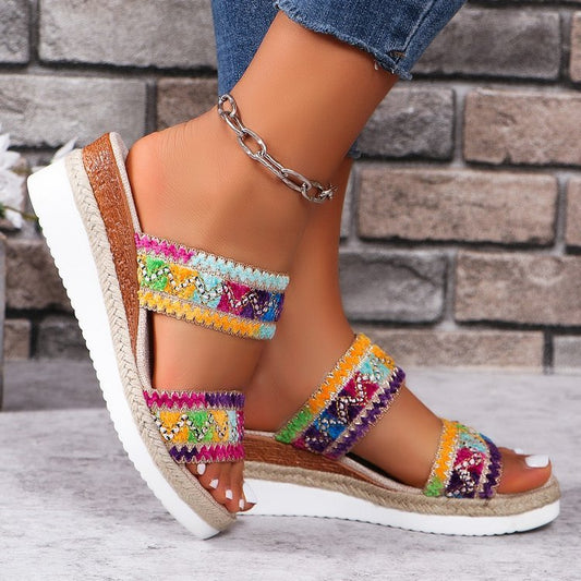 Women's Fashion Wavy Pattern Woven Sandals Summer Casual Ethnic Style Slippers Linen Bottom Wide Strap - PratSN