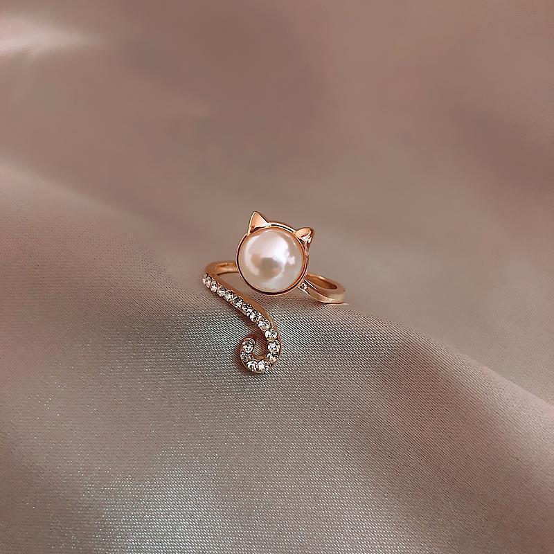 Women's Fashionable Simple And Cute Kitty Pearl Zircon Ring - PratSN