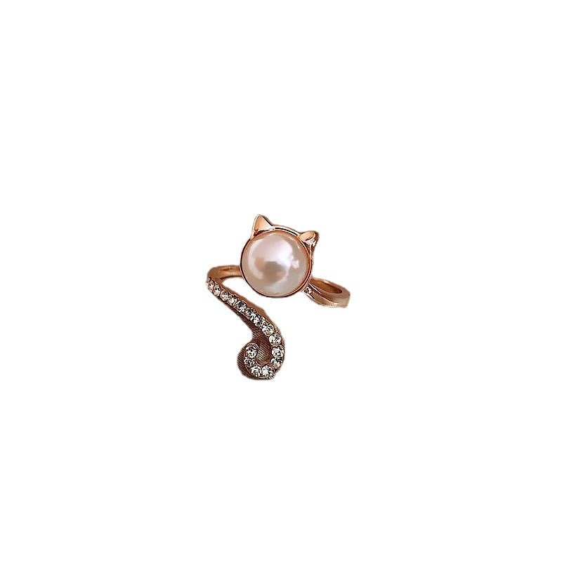 Women's Fashionable Simple And Cute Kitty Pearl Zircon Ring - PratSN