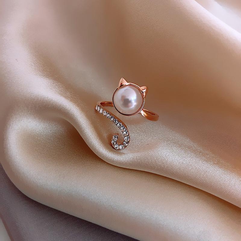 Women's Fashionable Simple And Cute Kitty Pearl Zircon Ring - PratSN