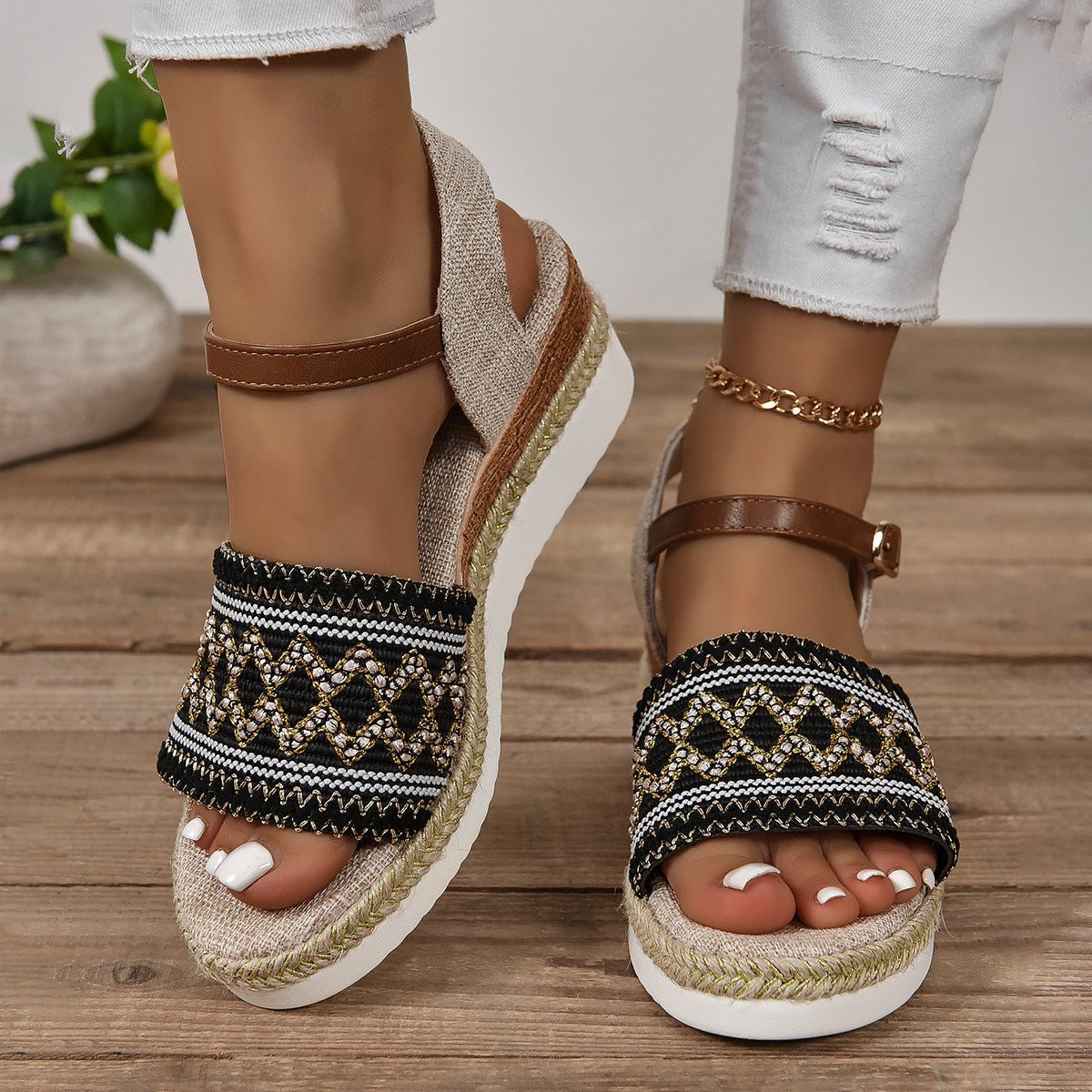 Women's Flat Bottom Wedge Sandals Ankle - strap Buckle - PratSN