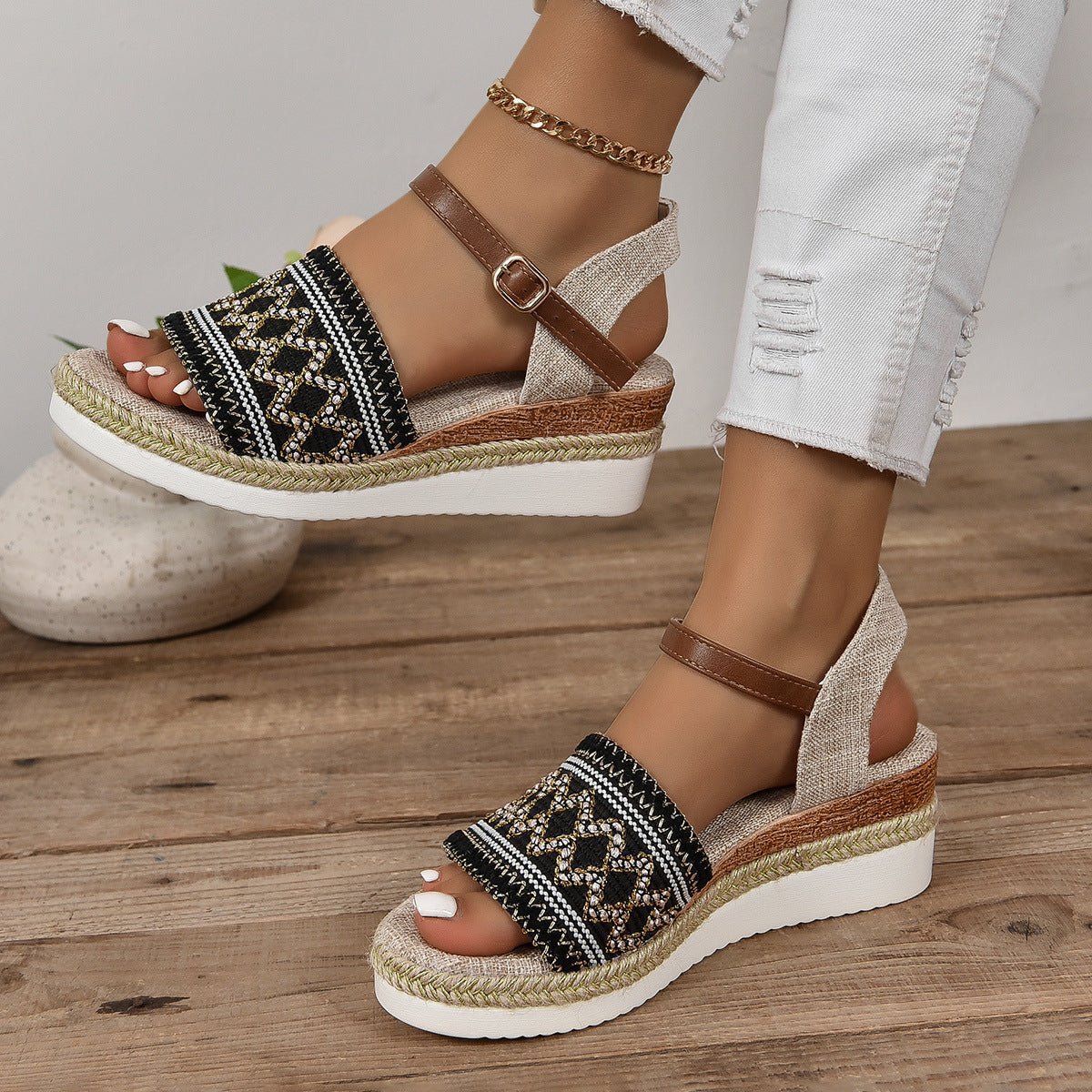 Women's Flat Bottom Wedge Sandals Ankle - strap Buckle - PratSN