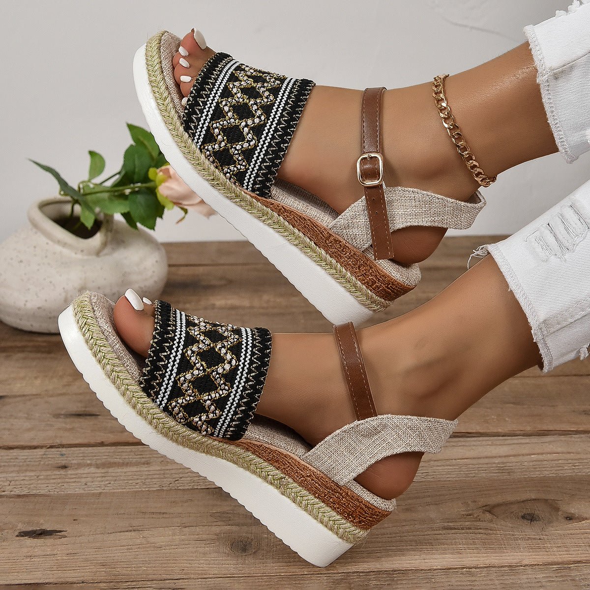 Women's Flat Bottom Wedge Sandals Ankle - strap Buckle - PratSN