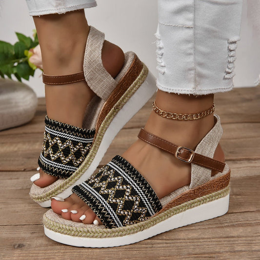 Women's Flat Bottom Wedge Sandals Ankle - strap Buckle - PratSN