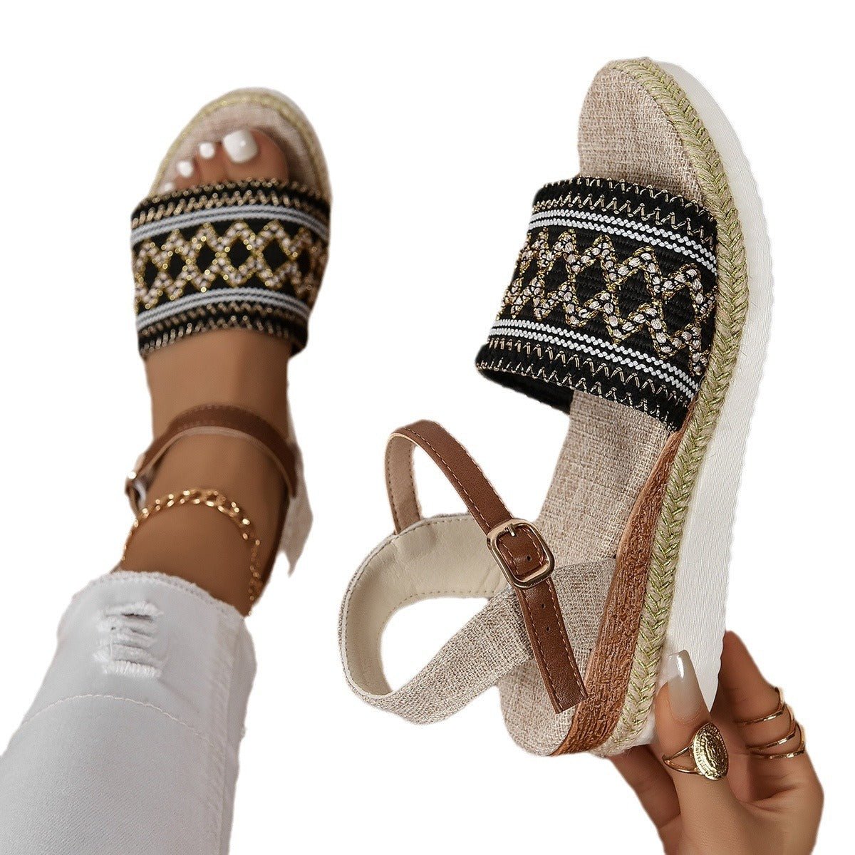 Women's Flat Bottom Wedge Sandals Ankle - strap Buckle - PratSN