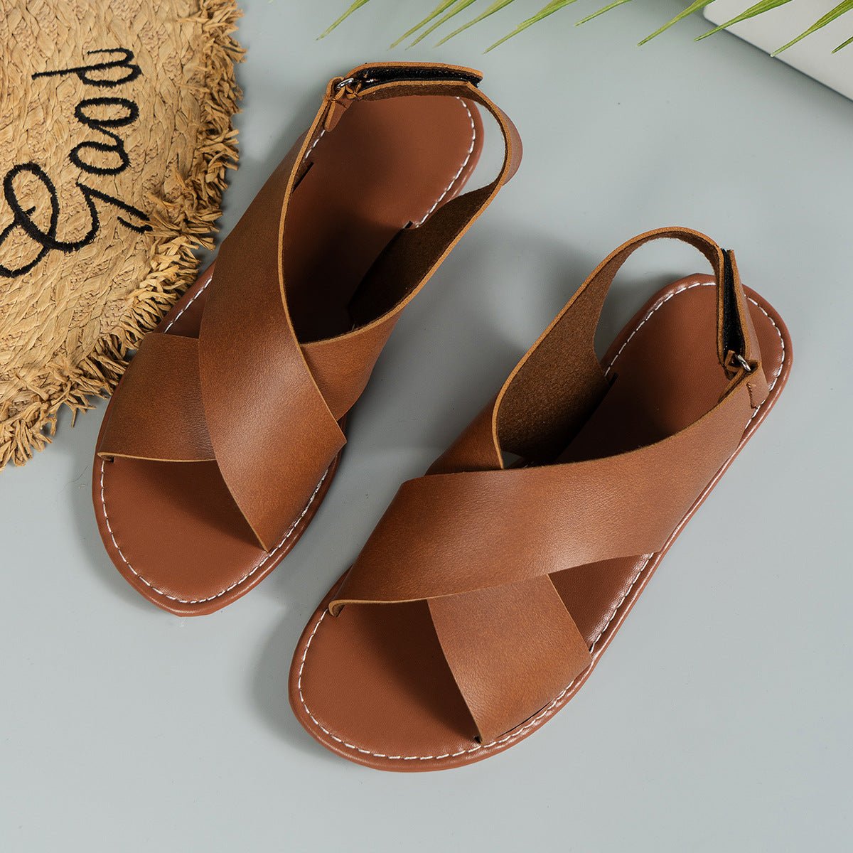 Women's Flat Sandals Retro Style Wide Strap Open Toe - PratSN