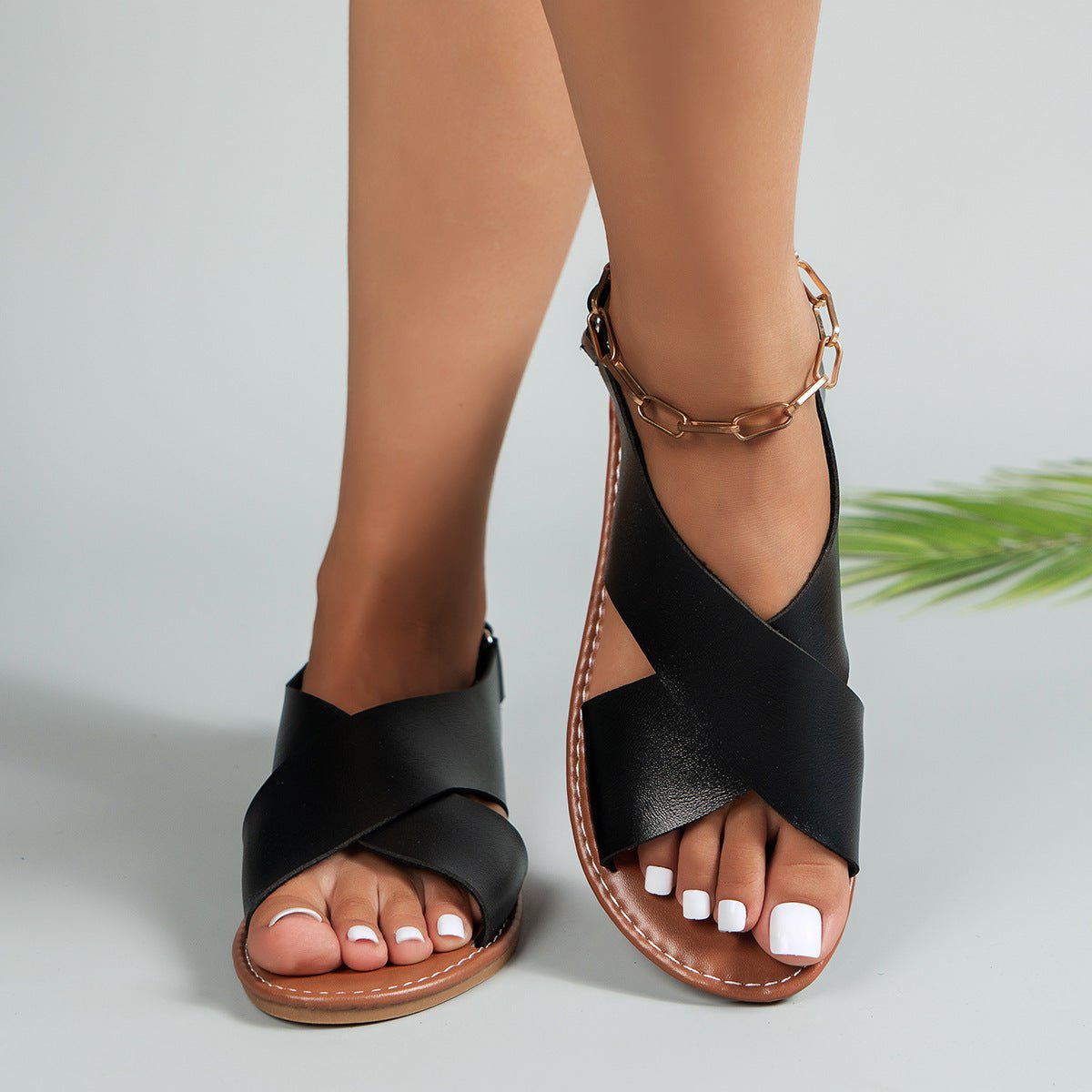 Women's Flat Sandals Retro Style Wide Strap Open Toe - PratSN