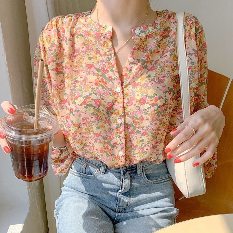 Women's Floral Chiffon Top Long Sleeve Shirt - PratSN
