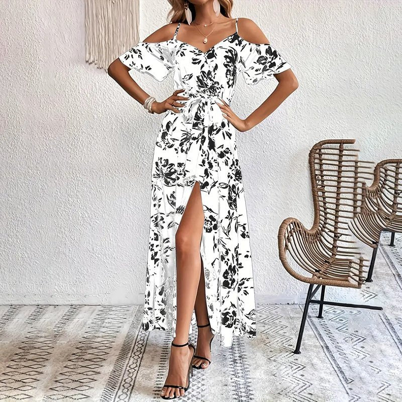 Women's Floral Maxi Dress Cold Shoulder A Line Long Summer Dress - PratSN