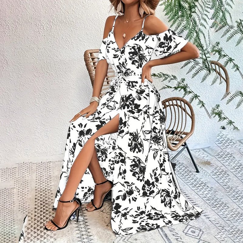Women's Floral Maxi Dress Cold Shoulder A Line Long Summer Dress - PratSN