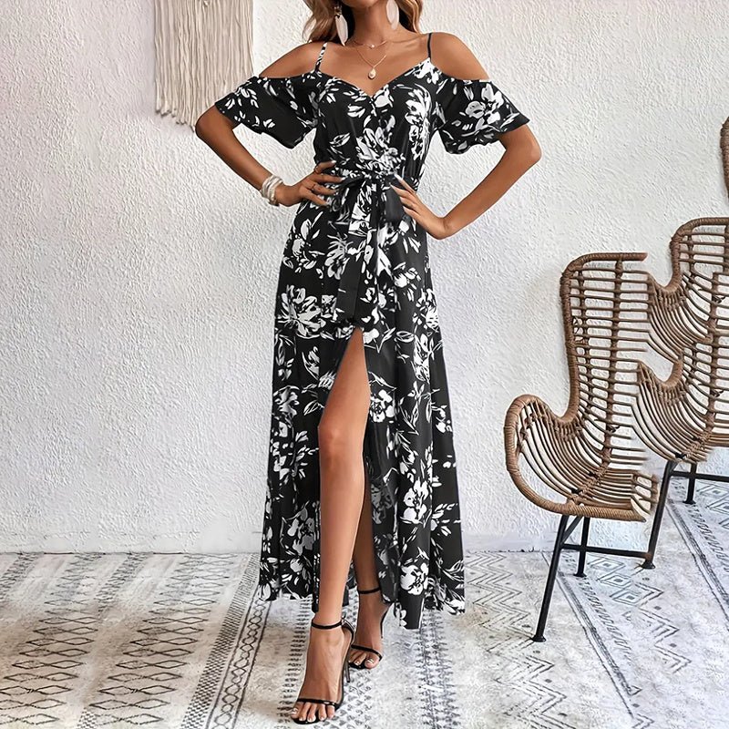 Women's Floral Maxi Dress Cold Shoulder A Line Long Summer Dress - PratSN