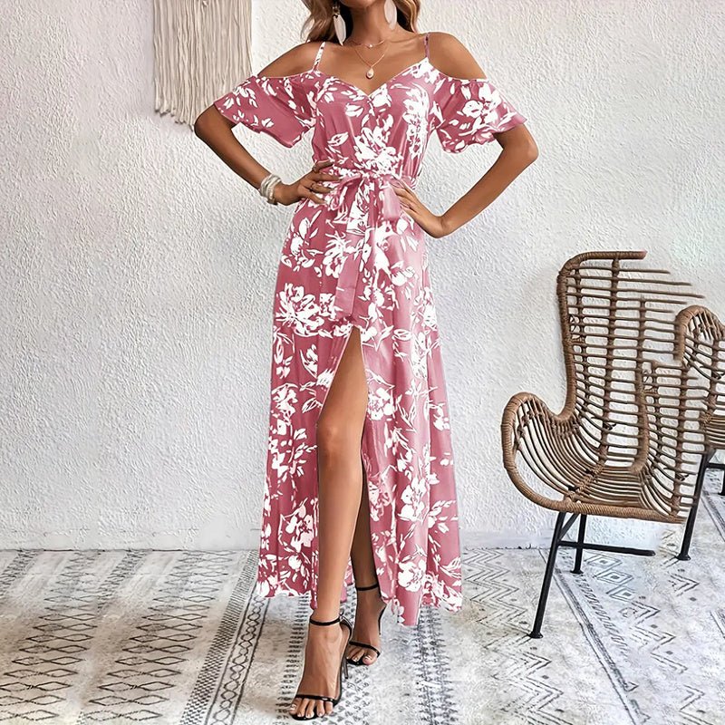 Women's Floral Maxi Dress Cold Shoulder A Line Long Summer Dress - PratSN