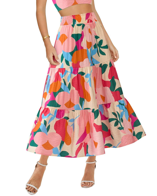 Women's Floral Print Midi Elastic High Waist Crimp Skirt - PratSN