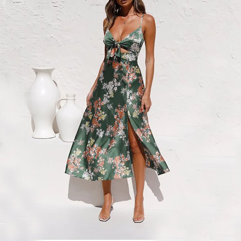 Women's Flower Print Split Suspender Dress With Hollow Bowknot Design Sleeveless Summer Beach Dresses - PratSN