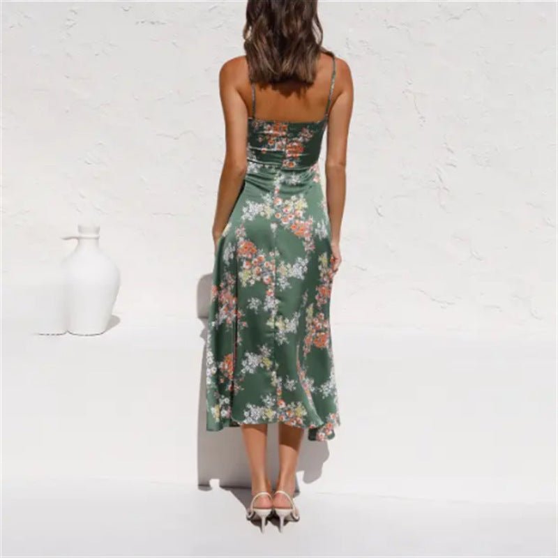Women's Flower Print Split Suspender Dress With Hollow Bowknot Design Sleeveless Summer Beach Dresses - PratSN
