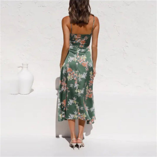 Women's Flower Print Split Suspender Dress With Hollow Bowknot Design Sleeveless Summer Beach Dresses - PratSN