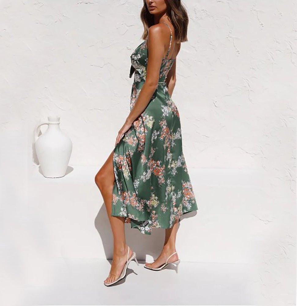 Women's Flower Print Split Suspender Dress With Hollow Bowknot Design Sleeveless Summer Beach Dresses - PratSN