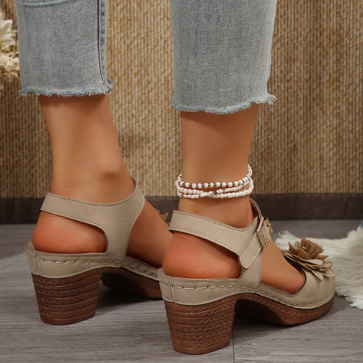 Women's Flowers Chunky Heel Sandals Summer Plus Size Platform Shoes - PratSN