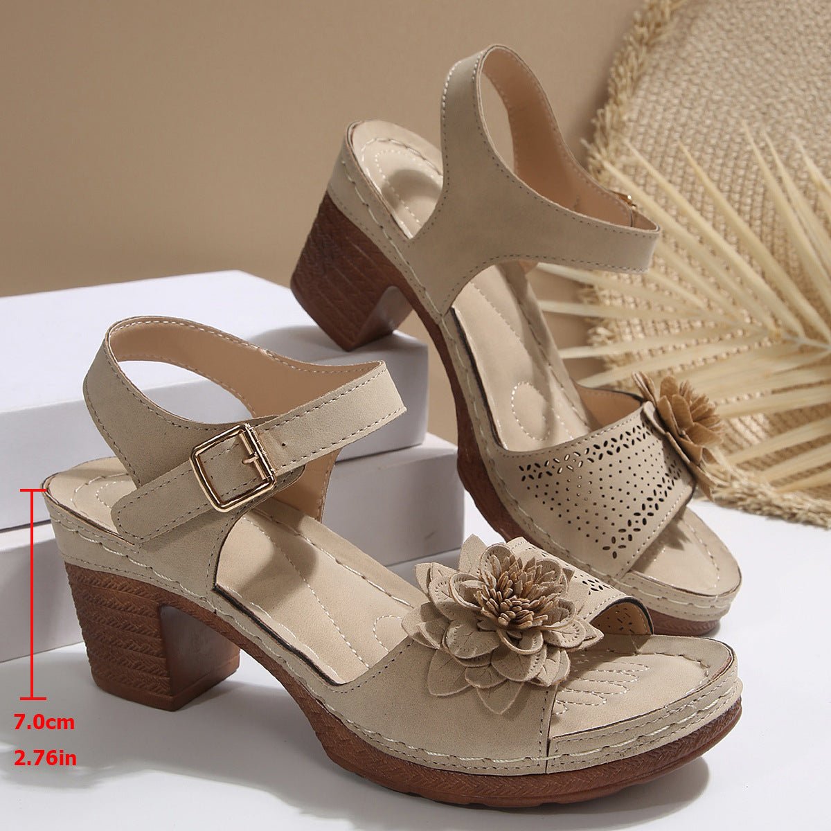 Women's Flowers Chunky Heel Sandals Summer Plus Size Platform Shoes - PratSN