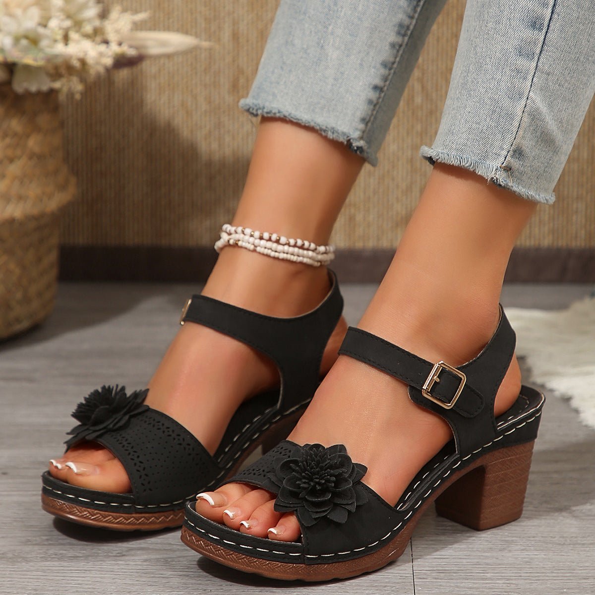 Women's Flowers Chunky Heel Sandals Summer Plus Size Platform Shoes - PratSN