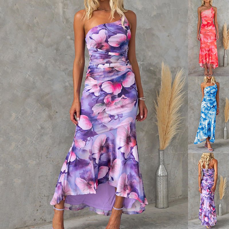 Women's Flowers Print One - shoulder Dress Summer INS Casual Suspender Long Dresses - PratSN