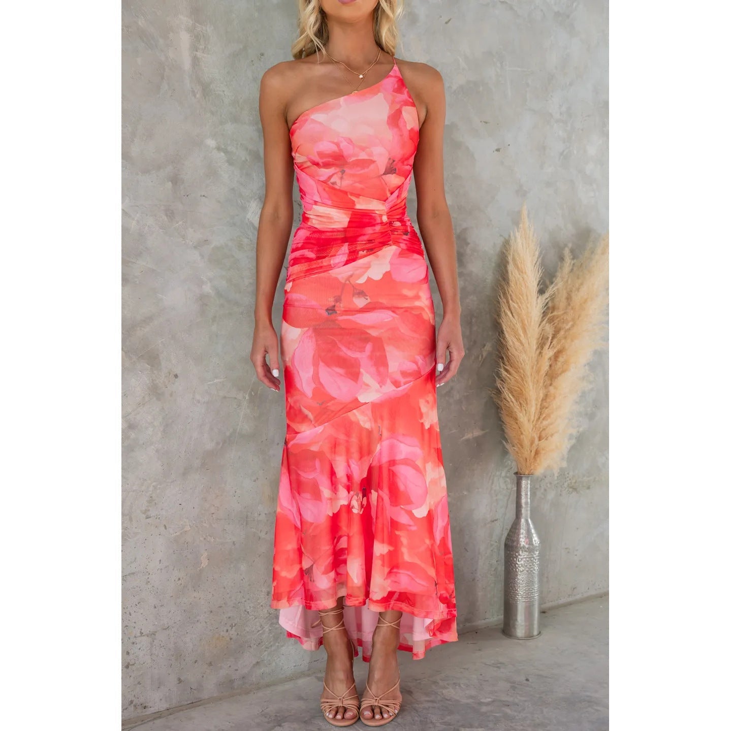 Women's Flowers Print One - shoulder Dress Summer INS Casual Suspender Long Dresses - PratSN