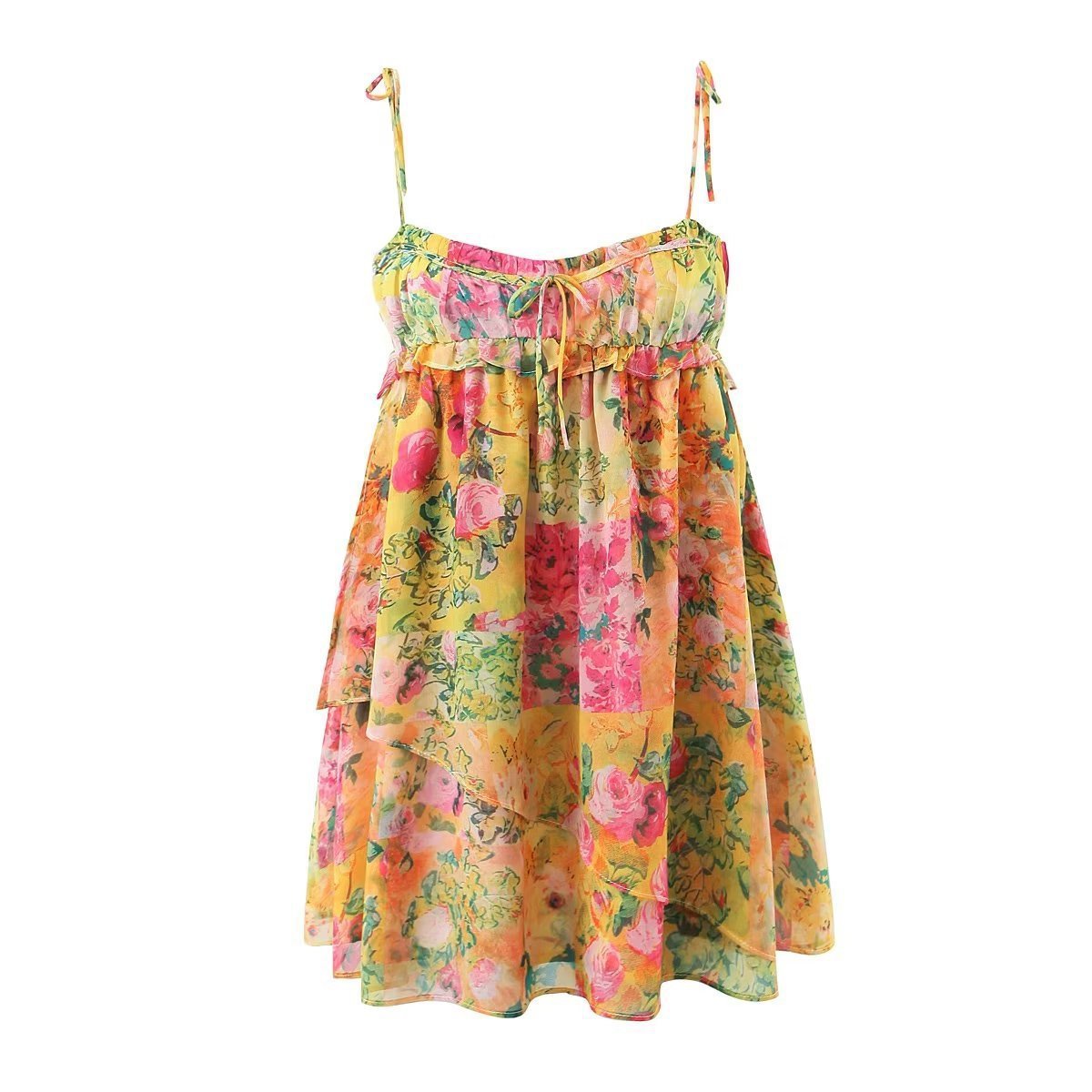 Women's Flowers Print Suspender Dress Summer Fashion Ruffled Holiday Beach Short Dresses - PratSN