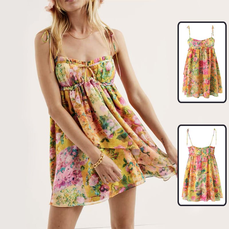 Women's Flowers Print Suspender Dress Summer Fashion Ruffled Holiday Beach Short Dresses - PratSN