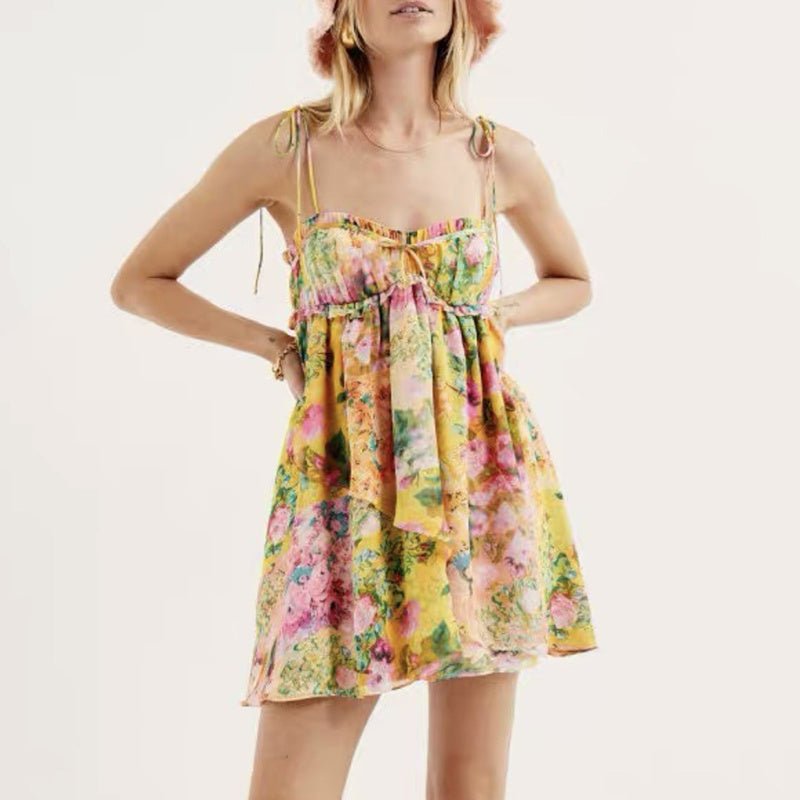 Women's Flowers Print Suspender Dress Summer Fashion Ruffled Holiday Beach Short Dresses - PratSN