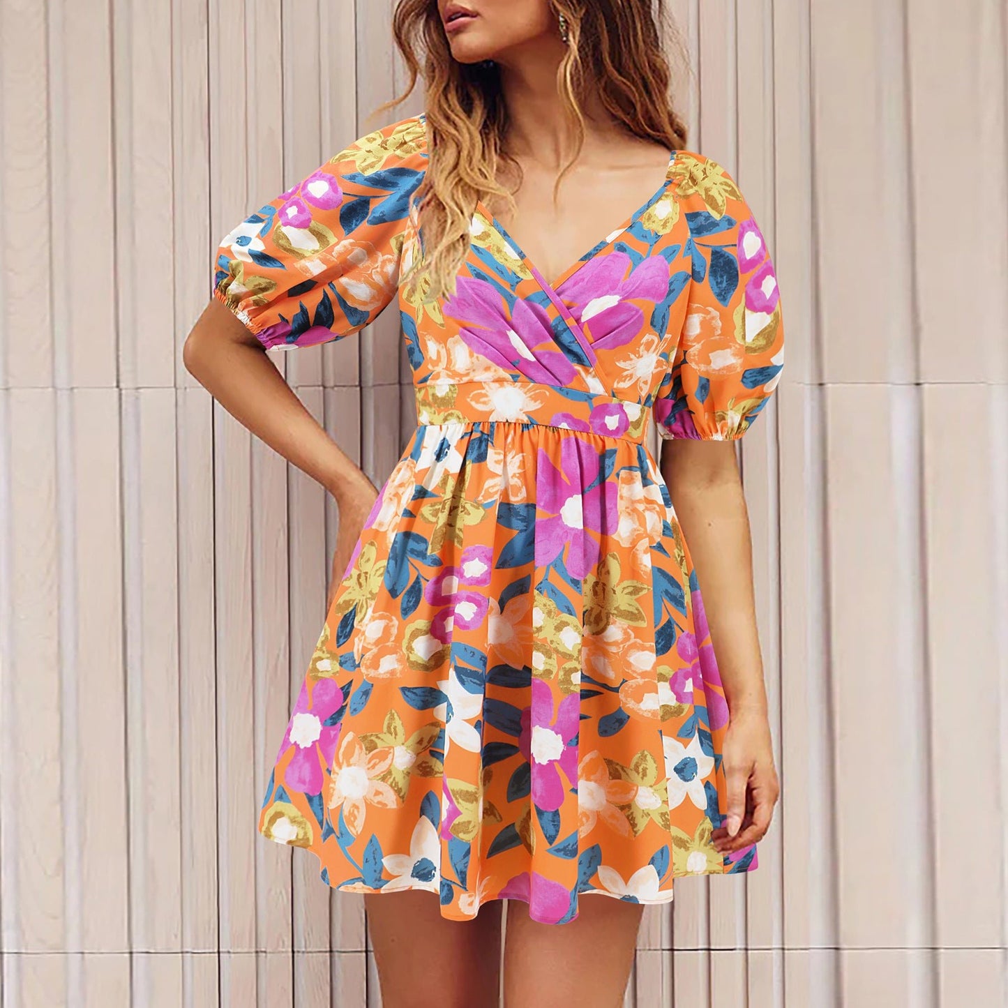 Women's Flowers Print V - Neck Lantern - sleeve Dress Y2K Summer Vacation Beach Short Dresses - PratSN