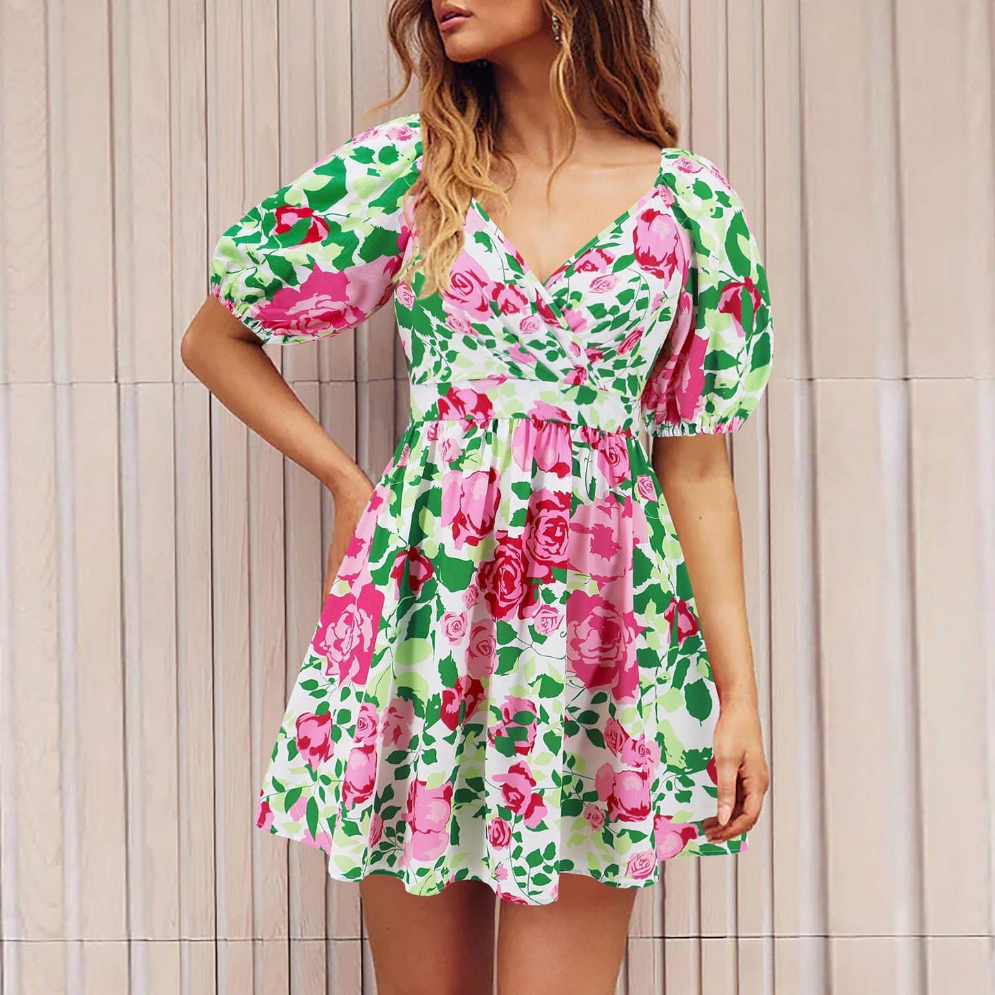 Women's Flowers Print V - Neck Lantern - sleeve Dress Y2K Summer Vacation Beach Short Dresses - PratSN