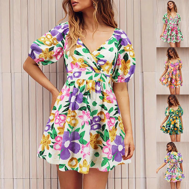 Women's Flowers Print V - Neck Lantern - sleeve Dress Y2K Summer Vacation Beach Short Dresses - PratSN
