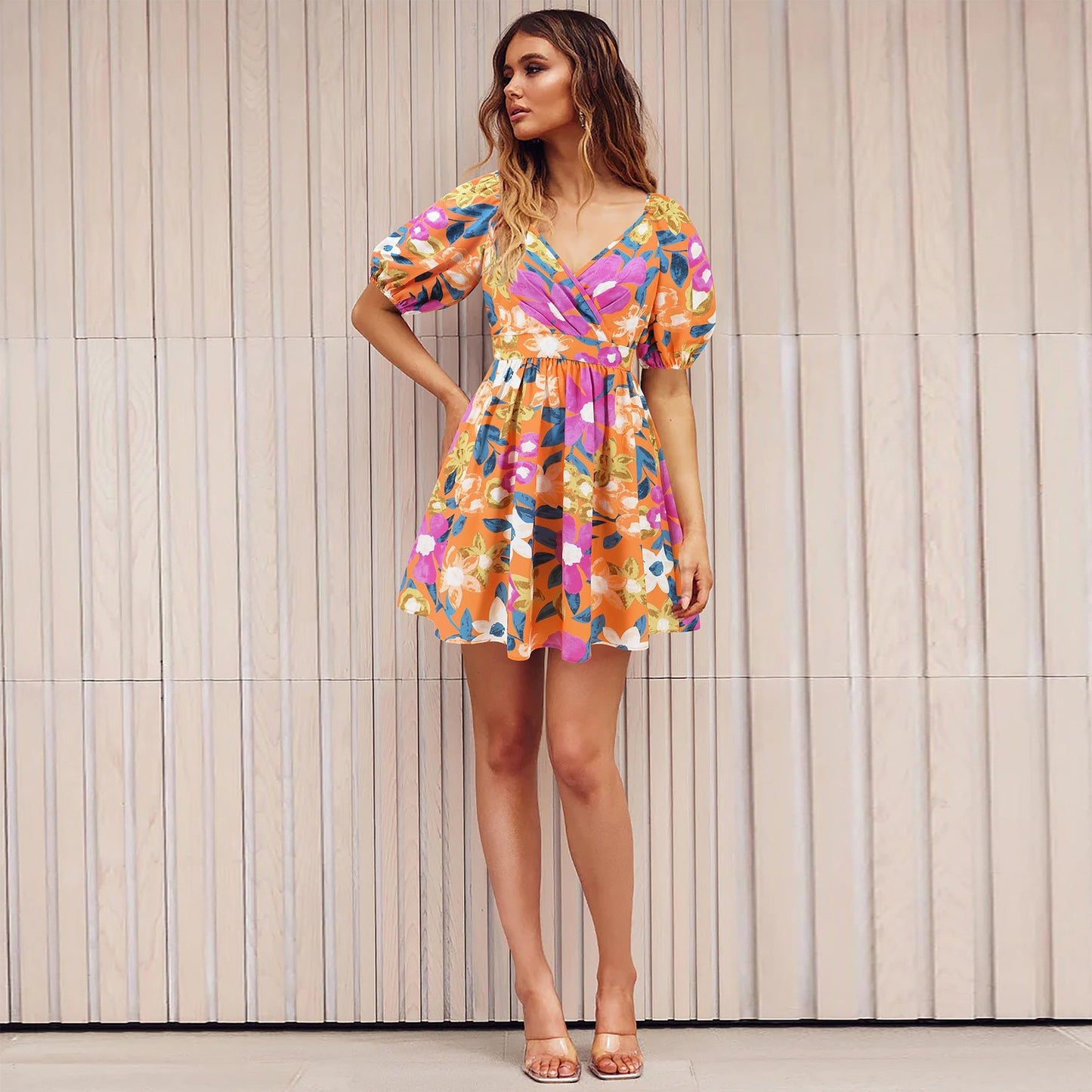 Women's Flowers Print V - Neck Lantern - sleeve Dress Y2K Summer Vacation Beach Short Dresses - PratSN