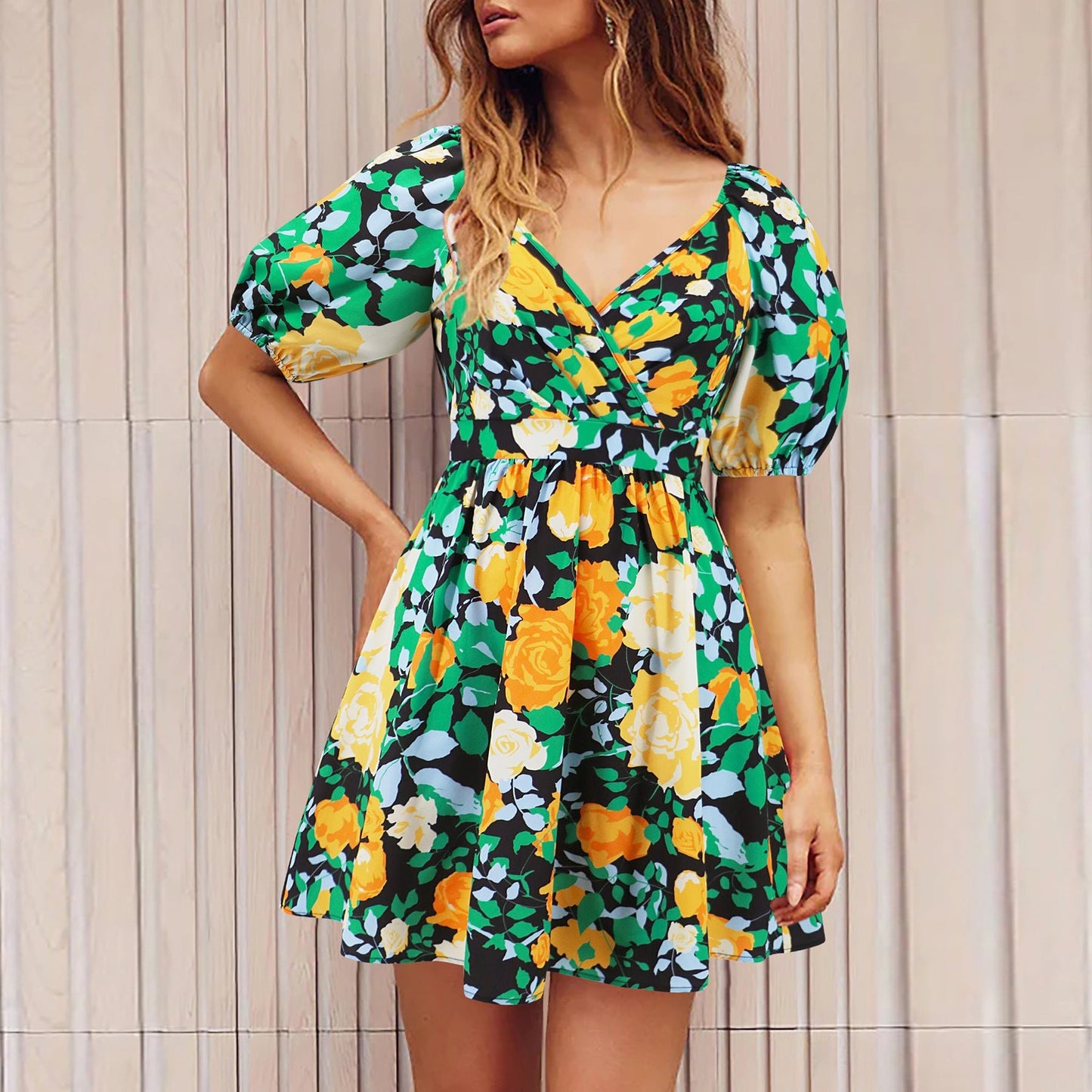 Women's Flowers Print V - Neck Lantern - sleeve Dress Y2K Summer Vacation Beach Short Dresses - PratSN
