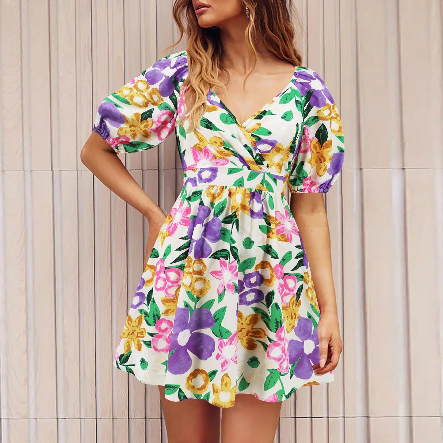 Women's Flowers Print V - Neck Lantern - sleeve Dress Y2K Summer Vacation Beach Short Dresses - PratSN