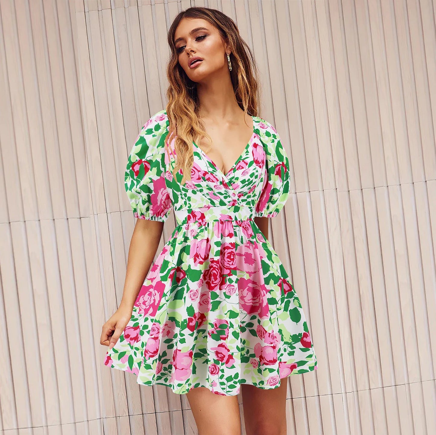 Women's Flowers Print V - Neck Lantern - sleeve Dress Y2K Summer Vacation Beach Short Dresses - PratSN
