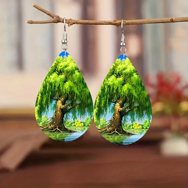 Women's Forest Wood Double - sided Pattern Green Weeping Willow Wooden Water Drop Earrings - PratSN