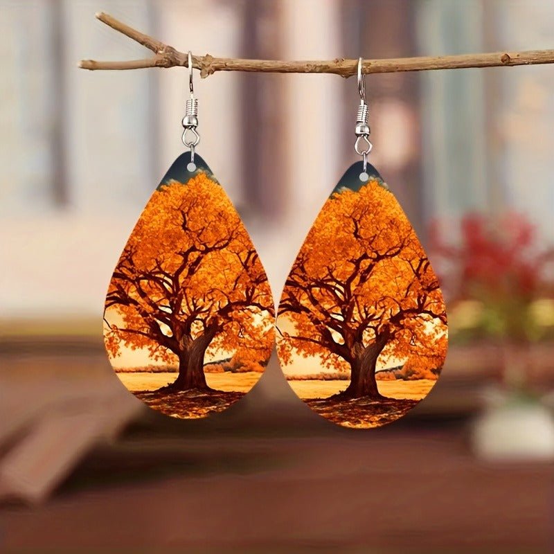 Women's Forest Wood Double - sided Pattern Green Weeping Willow Wooden Water Drop Earrings - PratSN