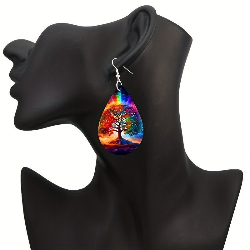 Women's Forest Wood Double - sided Pattern Green Weeping Willow Wooden Water Drop Earrings - PratSN