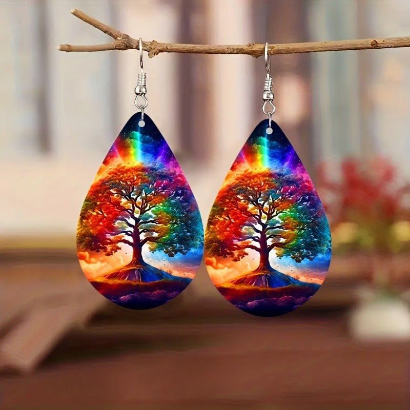 Women's Forest Wood Double - sided Pattern Green Weeping Willow Wooden Water Drop Earrings - PratSN