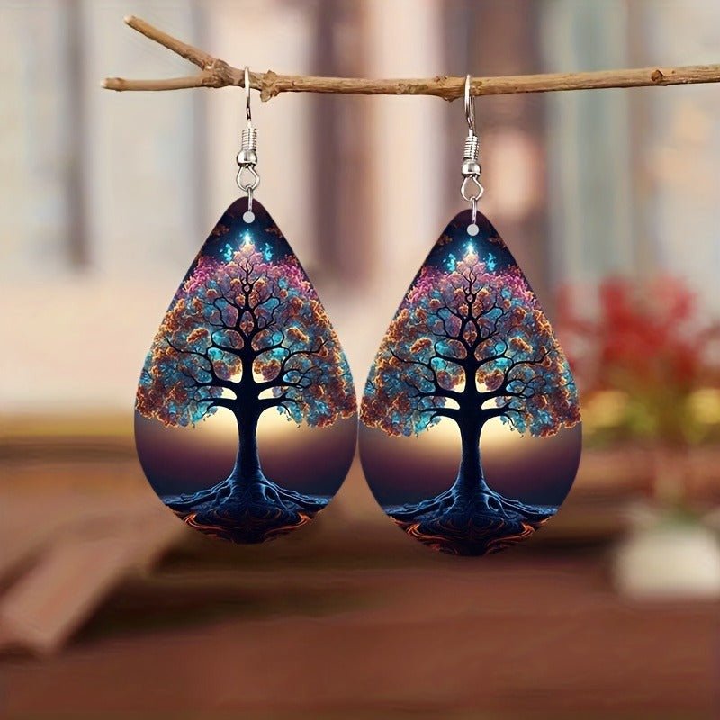 Women's Forest Wood Double - sided Pattern Green Weeping Willow Wooden Water Drop Earrings - PratSN