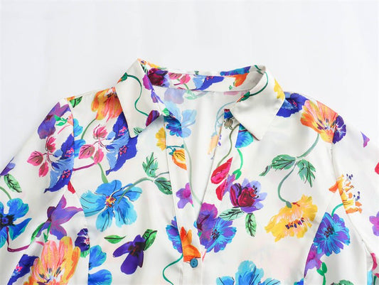 Women's French Fashion Floral Print Satin Shirt - PratSN